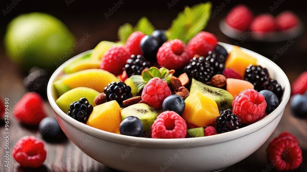 one bowl of fruit salad with mixed berries and fruits in a transparent glass bowl isolated on a white background one bowl of fruit salad with mixed berries and fruits in a transparent glass bowl isolated on a white background