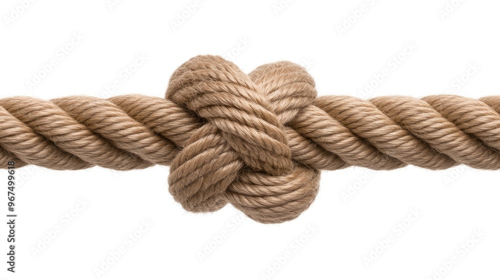 A thick brown rope with loose ends is tied in a knot as it rests above the tranquil surface of the sea, reflecting a peaceful moment of craftsmanship against nature A thick brown rope with loose ends is tied in a knot as it rests above the tranquil surface of the sea, reflecting a peaceful moment of craftsmanship against nature