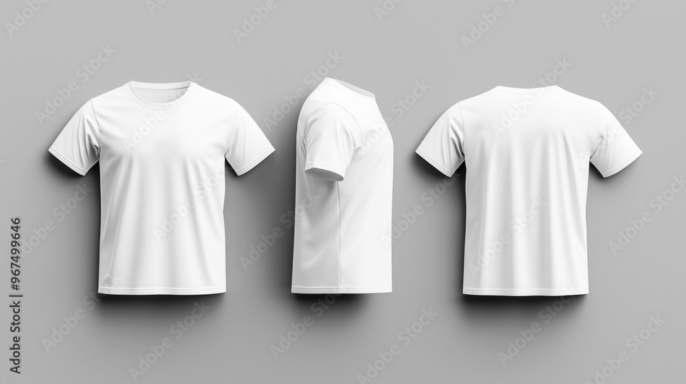 A white short-sleeve t-shirt shown from three angles - front, side, and back views, hanging against a plain gray background. The t-shirt features a small orange logo on the front. A white short-sleeve t-shirt shown from three angles - front, side, and back views, hanging against a plain gray background. The t-shirt features a small orange logo on the front.
