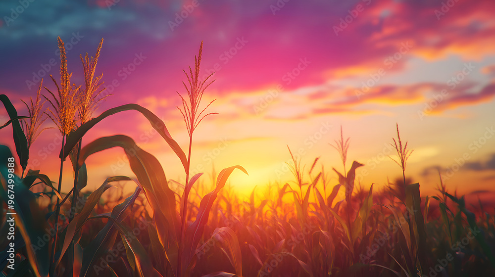 High-Definition Image of a Cornfield at Sunset with Tall Corn Stalks Standing Against a Colorful Sky in Orange and Pink Shades High-Definition Image of a Cornfield at Sunset with Tall Corn Stalks Standing Against a Colorful Sky in Orange and Pink Shades
