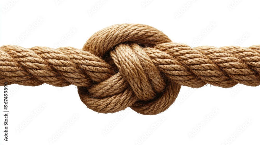 A thick brown rope with loose ends is tied in a knot as it rests above the tranquil surface of the sea, reflecting a peaceful moment of craftsmanship against nature A thick brown rope with loose ends is tied in a knot as it rests above the tranquil surface of the sea, reflecting a peaceful moment of craftsmanship against nature
