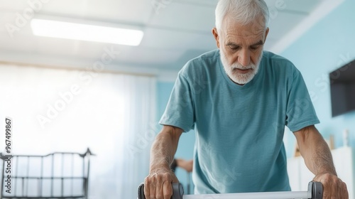 Older man using an assistive device for better mobility, public health initiative to support independence, geriatric assistive devices, mobility support