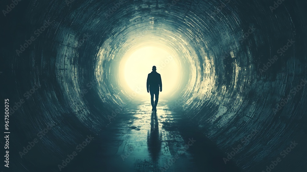 A silhouette of a man approaches a radiant light at the end of a dark tunnel, creating a dramatic scene. A silhouette of a man approaches a radiant light at the end of a dark tunnel, creating a dramatic scene.
