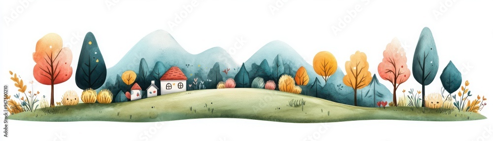 Charming landscape featuring colorful trees, mountains, and cozy houses in a serene nature setting, perfect for illustrations or backgrounds. Charming landscape featuring colorful trees, mountains, and cozy houses in a serene nature setting, perfect for illustrations or backgrounds.