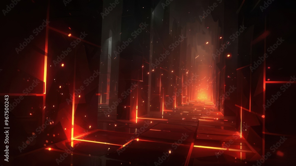 Fototapeta premium A digital corridor illuminated by glowing red lines and particles, creating a futuristic atmosphere.
