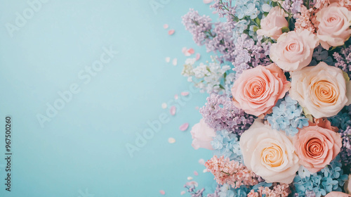 Beautiful flowers with a blue background and copy space. 