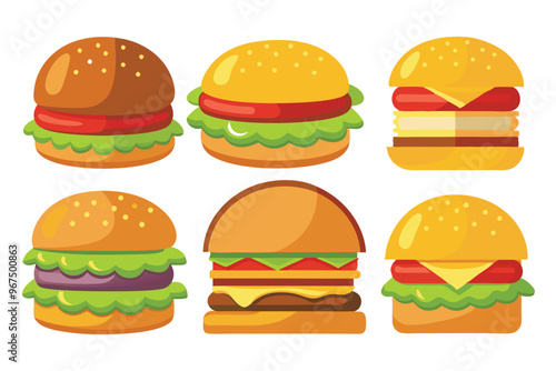 Set of different types delicious burger vector illustration on white background