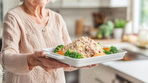 Older woman receiving homedelivered meals as part of a public health nutrition program, geriatric meal delivery, elderly nutrition photo