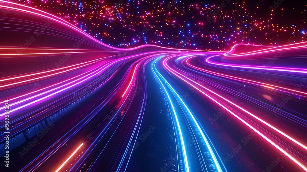 Obraz premium Neon Light Trail Digital Map, Business Theme, , Neon, Light Trail