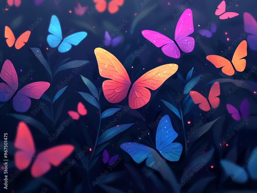 Glowing neon butterflies fluttering in a dark garden, magical glowtime, enchanting and whimsical Glowing neon butterflies fluttering in a dark garden, magical glowtime, enchanting and whimsical