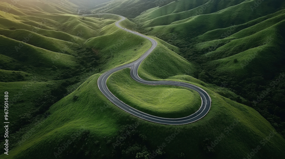 Aerial view of a winding road through lush green hills. The road forms ...