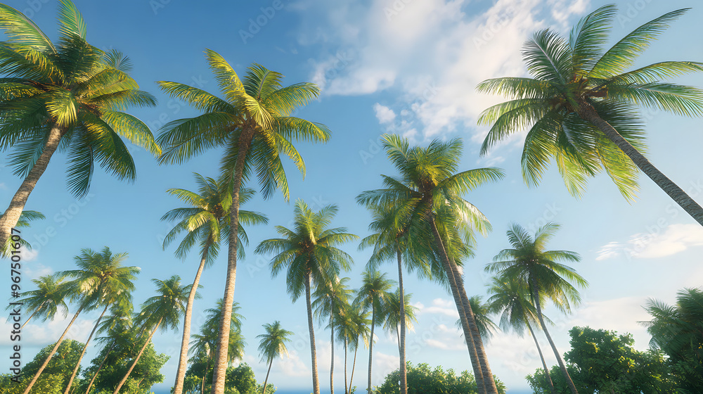 High-Definition Image of a Coconut Grove with Tall Palm Trees Bearing Coconuts Under a Clear Bright Blue Sky High-Definition Image of a Coconut Grove with Tall Palm Trees Bearing Coconuts Under a Clear Bright Blue Sky