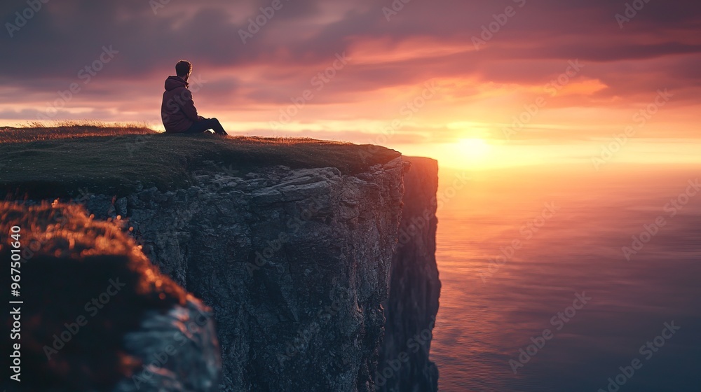 A person sits on the edge of a cliff, watching a vibrant sunset over the ocean, capturing a moment of tranquility and reflection. A person sits on the edge of a cliff, watching a vibrant sunset over the ocean, capturing a moment of tranquility and reflection.
