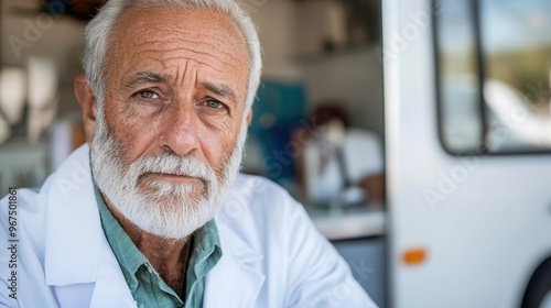 Senior man attending a vision screening at a mobile health clinic, public health service, geriatric vision screening, preventive care photo