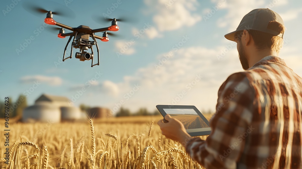 A high-tech drone equipped with cameras and sensors flying over a vast field of wheat. Below, detailed aerial images of the crops are displayed on a tablet held by a farmer. A high-tech drone equipped with cameras and sensors flying over a vast field of wheat. Below, detailed aerial images of the crops are displayed on a tablet held by a farmer.