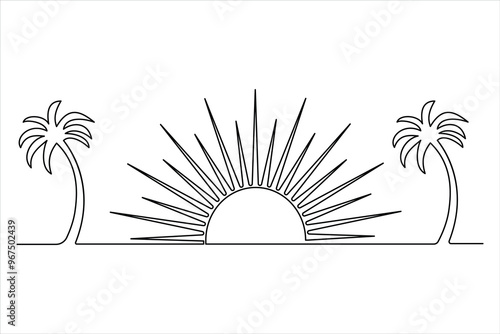 Continuous single line of sunset drawing outline vector art illustration
