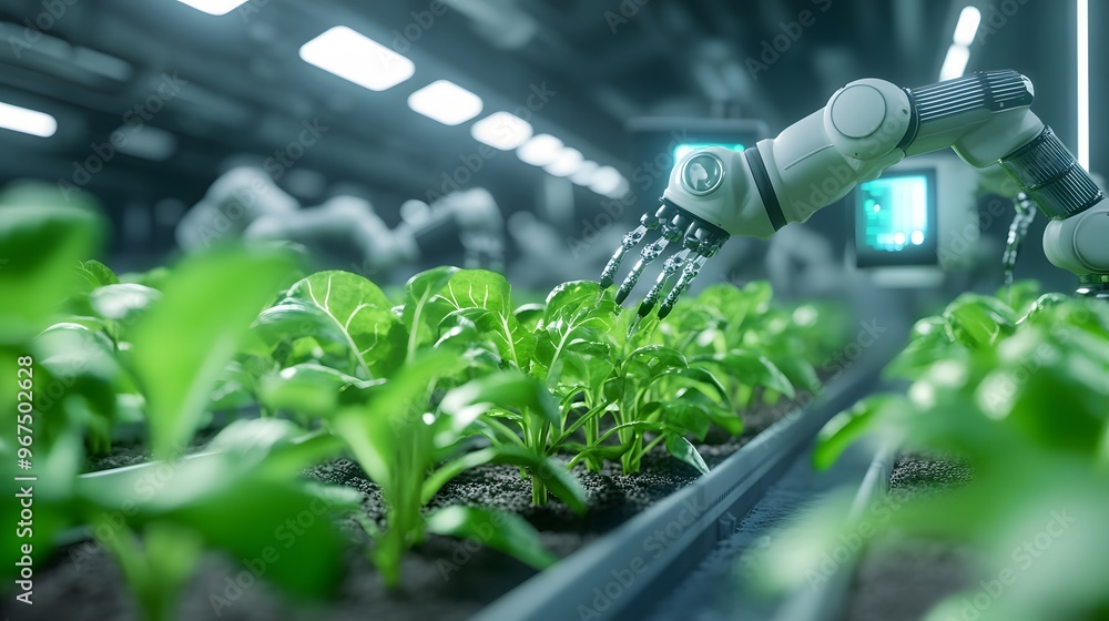 An automated greenhouse with robotic arms tending to rows of plants. The environment is controlled with advanced technology, ensuring optimal growth conditions. An automated greenhouse with robotic arms tending to rows of plants. The environment is controlled with advanced technology, ensuring optimal growth conditions.
