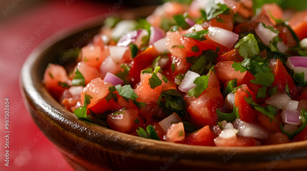 Close-Up of a Bowl of Freshly Made Salsa with Diced Tomatoes and Cilantro Against a Vibrant Red Background Close-Up of a Bowl of Freshly Made Salsa with Diced Tomatoes and Cilantro Against a Vibrant Red Background
