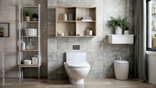 Modern Bathroom with White Toilet, Open Shelving, and Greenery photo