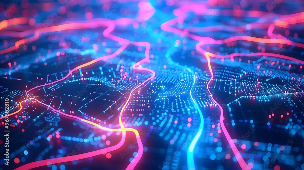 Neon Paths on Digital Map, Business Theme, Background, Neon, Paths Neon Paths on Digital Map, Business Theme, Background, Neon, Paths