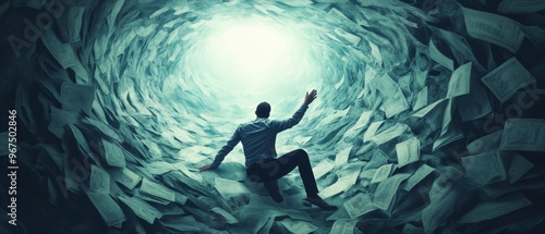 Business investor trapped in a pit of unsuccessful startups, highlighting the dangers and financial risks of entrepreneurial ventures, with a striking and detailed image