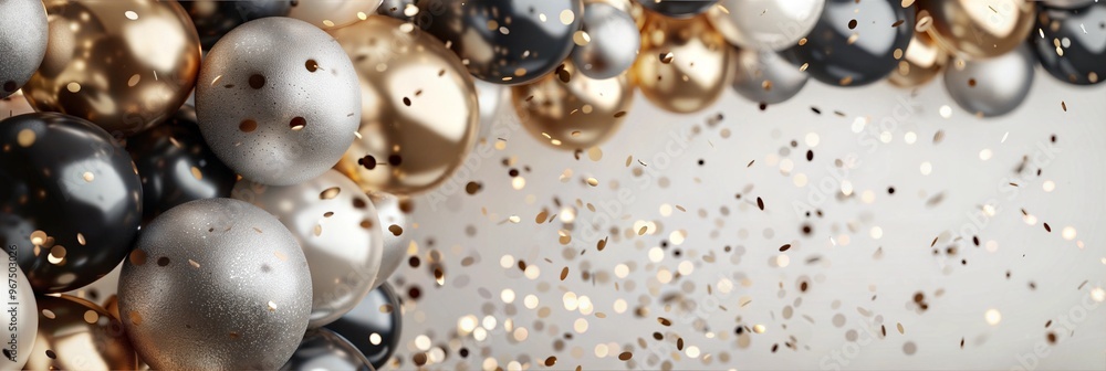 Elegant black, white, and gold balloons with shimmering confetti create a sophisticated celebration background with copy space Elegant black, white, and gold balloons with shimmering confetti create a sophisticated celebration background with copy space