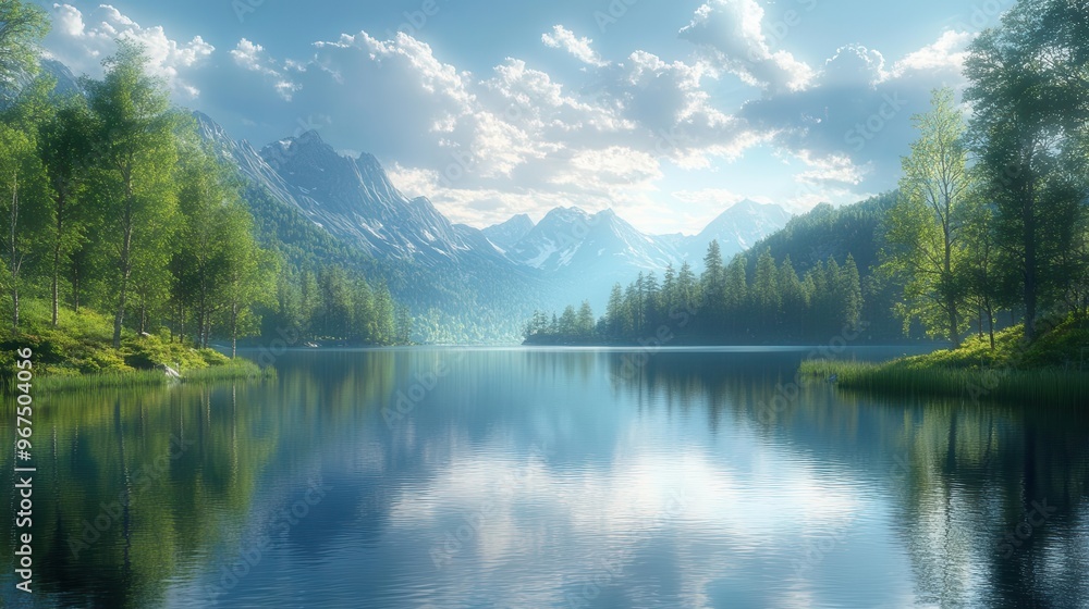 photorealistic 3d rendering of a serene lakeside scene with lush evergreen forests calm waters perfectly mirror the surrounding landscape and dramatic sky creating a breathtaking symmetry photorealistic 3d rendering of a serene lakeside scene with lush evergreen forests calm waters perfectly mirror the surrounding landscape and dramatic sky creating a breathtaking symmetry
