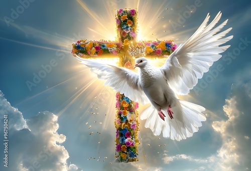 A white dove and a cross decorated with flowers appear in the sky, representing peace and freedom. Jesus and Catholicism concept. photo