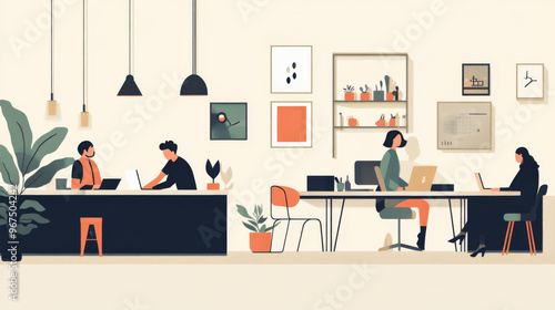 A simple, flat drawing showing people working in an office.