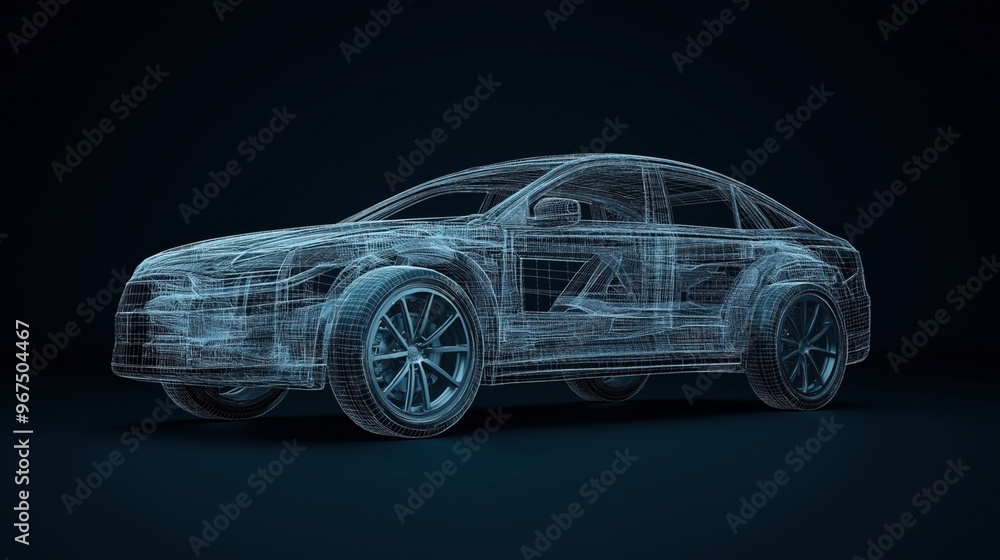 Digital wireframe model of a car on a dark blue background, showcasing the detailed structure and engineering design of an automobile in a transparent style. Digital wireframe model of a car on a dark blue background, showcasing the detailed structure and engineering design of an automobile in a transparent style.