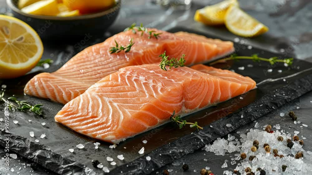 Fresh trout fillet preparation with lemon and herbs on a slate board in a modern kitchen Fresh trout fillet preparation with lemon and herbs on a slate board in a modern kitchen