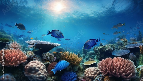 Blue tang fish, Coral Reef Panorama with bluetang Fish and Sea Creatures