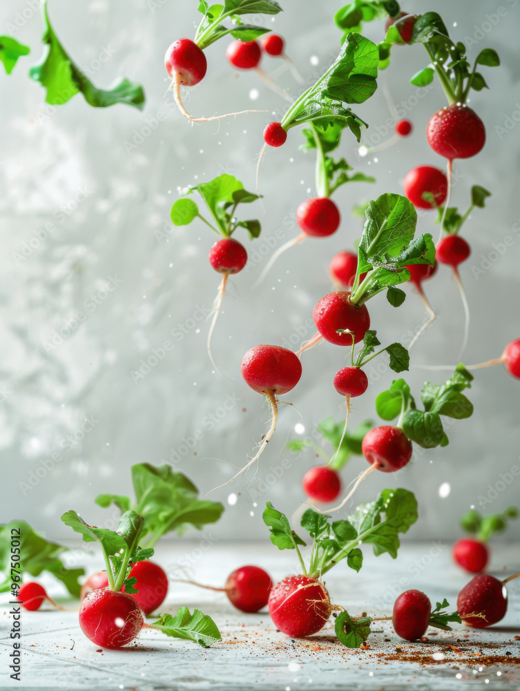 Fotografie Various falling fresh ripe radish on light white background, horizontal composit