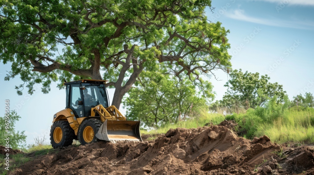 A yellow skid loader is digging dirt in front of an oak tree atop, with grass and trees behind it A yellow skid loader is digging dirt in front of an oak tree atop, with grass and trees behind it