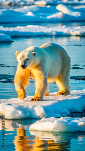 A distant telephoto shot of a polar bear walking across floating ice in the Arctic photo