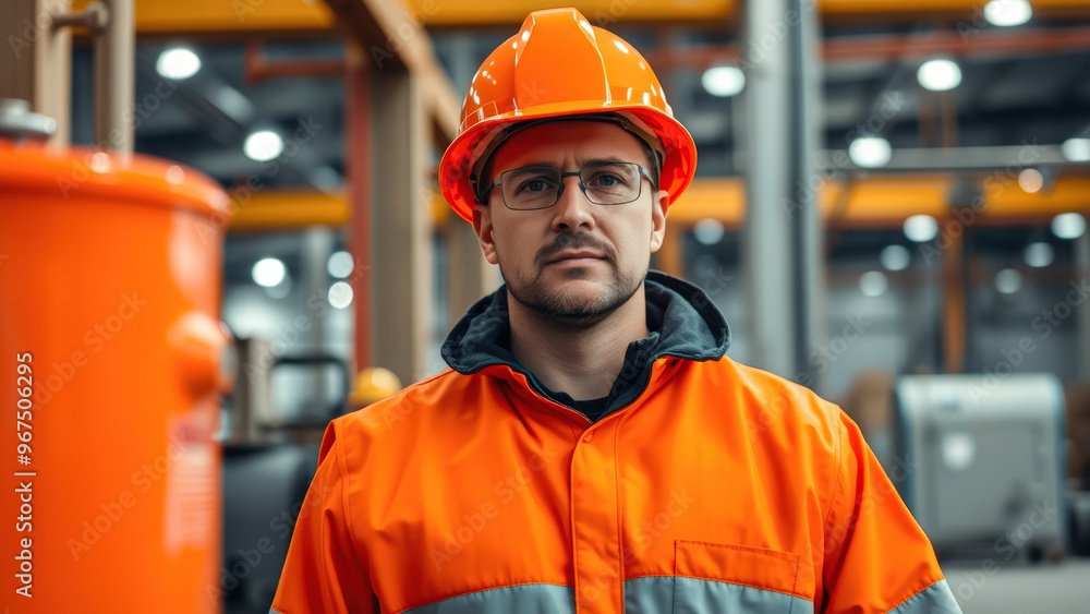 Portrait of a Serious Construction Worker in an Orange Hard Hat and Jacket Portrait of a Serious Construction Worker in an Orange Hard Hat and Jacket