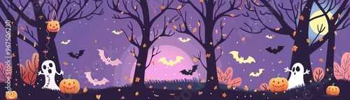 Halloween decorations, bats, trick or treat, spooky trees, cute skeletons, flat design illustration