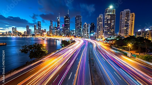 A cityscape at night with highway traffic light trails creates a dynamic urban scene.