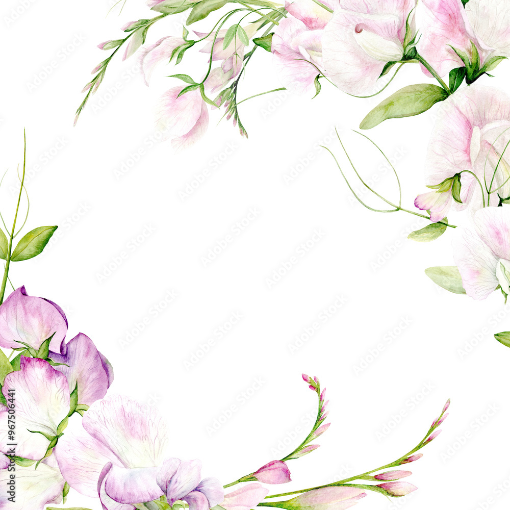 Fototapeta premium Fragrant Pea. Frame of Watercolor Flowers of Sweet Peas and Butterflies on a white background. The illustration is hand drawn on a white background. Suitable for card designs, textiles 