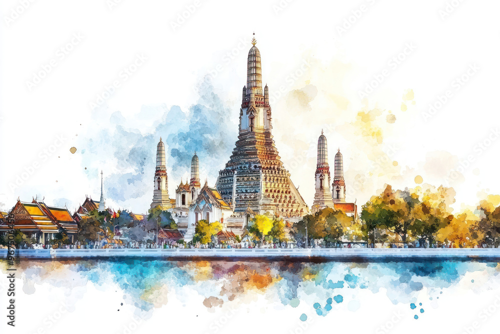 Naklejka premium PNG Wat Arun in Thailand architecture illustration watercolor.