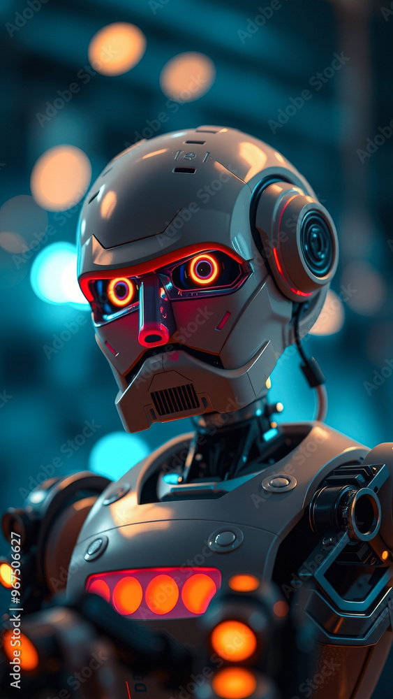Close Up of Robot Head with Glowing Eyes and Lights Close Up of Robot Head with Glowing Eyes and Lights