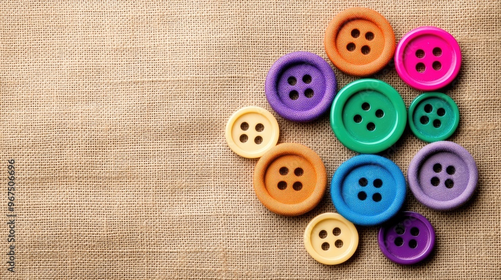 A variety of vibrant buttons create a colorful border on a linen texture, featuring the word Sewing in the center and ample empty space for branding or advertising A variety of vibrant buttons create a colorful border on a linen texture, featuring the word Sewing in the center and ample empty space for branding or advertising