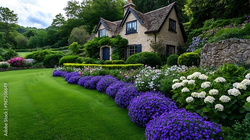 A charming stone cottage is surrounded by a lush garden filled with purple flowers.