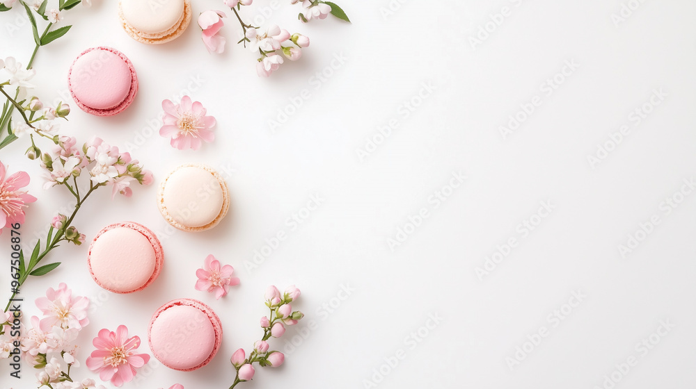 Delicate pastel-colored macarons are placed alongside beautiful pink flowers on a white background, creating an elegant and spring-inspired composition Delicate pastel-colored macarons are placed alongside beautiful pink flowers on a white background, creating an elegant and spring-inspired composition