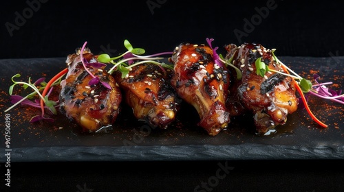 Deliciously grilled chicken wings glisten with a rich glaze, beautifully arranged with colorful microgreens and a hint of spice, perfect for a flavor-filled feast