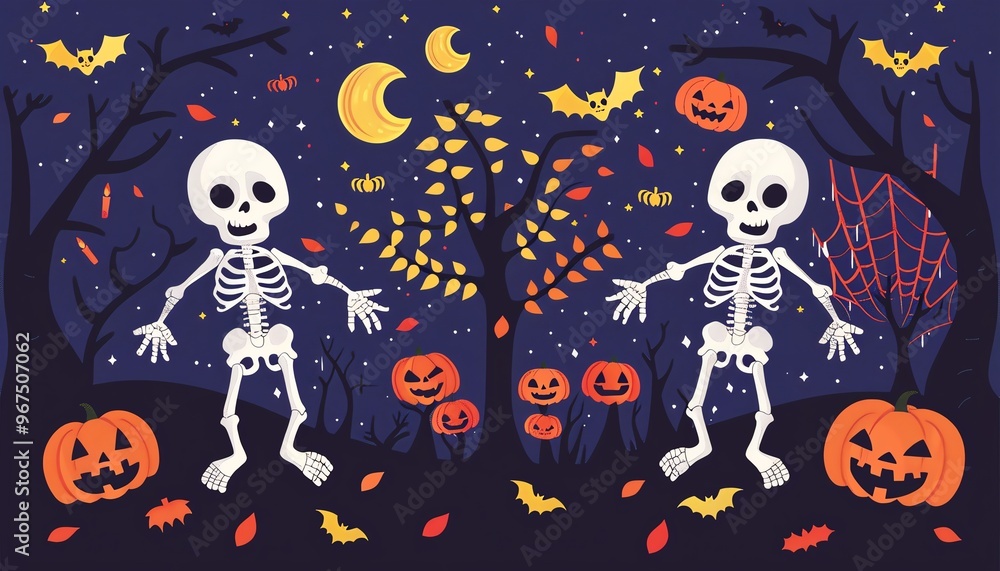 Cute skeletons, trick or treat, bats, spooky trees, Halloween decorations, flat design illustration Cute skeletons, trick or treat, bats, spooky trees, Halloween decorations, flat design illustration