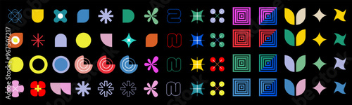 Brutalist abstract geometric shapes and grids.stars, flowers, spirals, ovals, squares and other primitive elements.