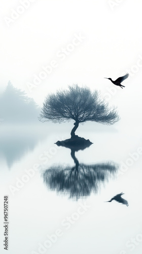 A mystical, quiet and serene landscape. An aesthetic foggy nature photograph photo