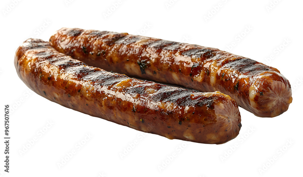 Two sausages displayed prominently against a sleek black background, highlighting their texture and color. Two sausages displayed prominently against a sleek black background, highlighting their texture and color.
