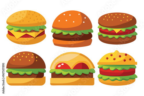 Set of different types delicious burger vector illustration on white background